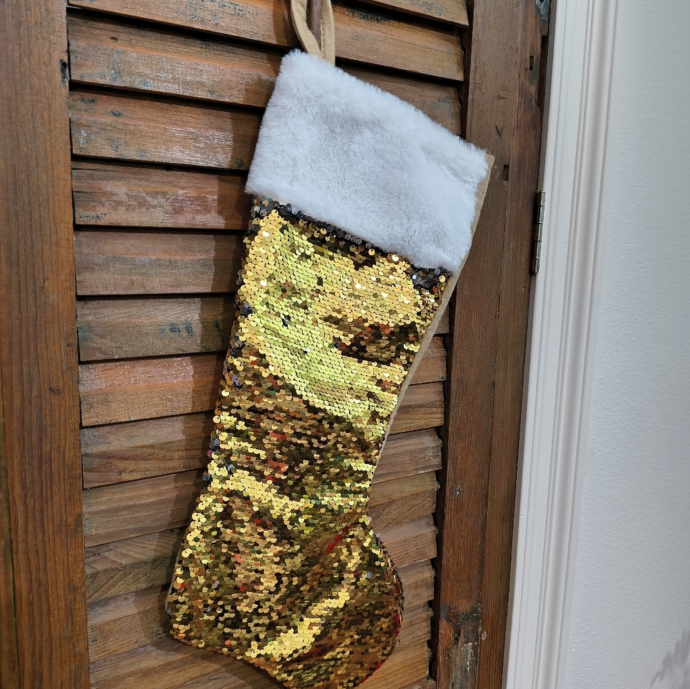 2 Gold Sequin Christmas Stockings with White Fur Trim